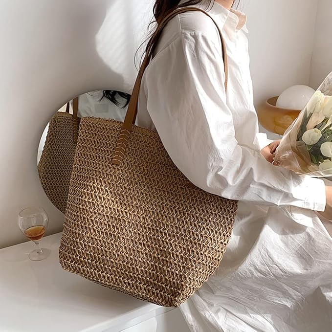 Large Straw Beach Bag for Womens, Straw Handbag Woven Tote Bag With Zipper Summer Shoulder Bag