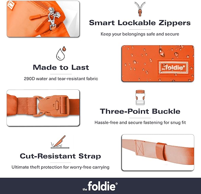 The Foldie Foldable Crossbody Bags for Women & Men - Anti-Theft RFID-Safe Fanny Pack with Smart Lockable Zippers and Cut-Resistant Strap - Lightweight Waist Pack for Travel & Everyday Use - Orange