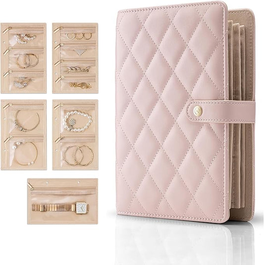 Vlando Jewelry Book Organizer - Leather Travel Jewelry Case with 5 Detachable Pages for Necklaces, Rings, Earrings, Tangle-Free, Giftable,Barely Pink