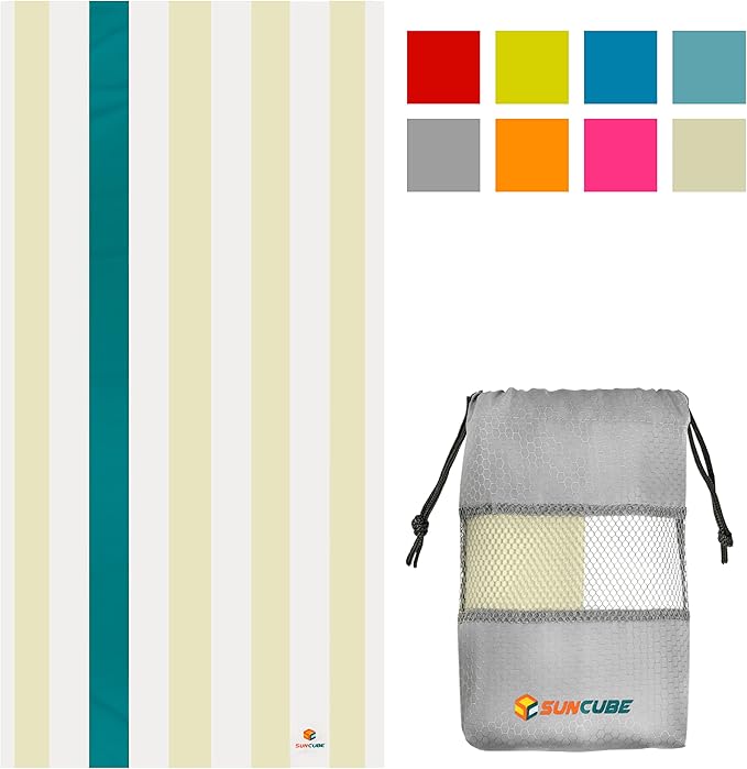 SUN CUBE Microfiber Beach Towel, Quick Dry Sand Free Beach Towel, Lightweight Compact Travel Swim Towel for Pool, Camping, Sand Resistant Packable Adult Towel - Beige Cream, 60x30 Inches