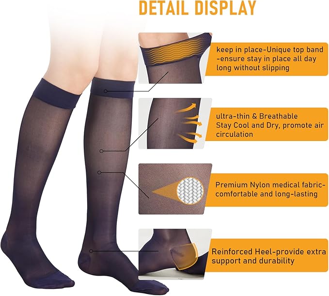 2 Pairs Sheer Compression Socks for Women - 15-20 mmHg Knee High Sheer Compression Stockings for Support Circulation Swelling Edema Work Office Travel, Navy, Large