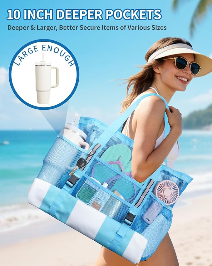 WANDF Mesh Beach Bag for Women, Large Beach Tote Bags with 40oz Tumbler Side Pockets, Family Pool Bag for Swim Toys Towels Cruise Vacation Essentials (Blue) | Breathable