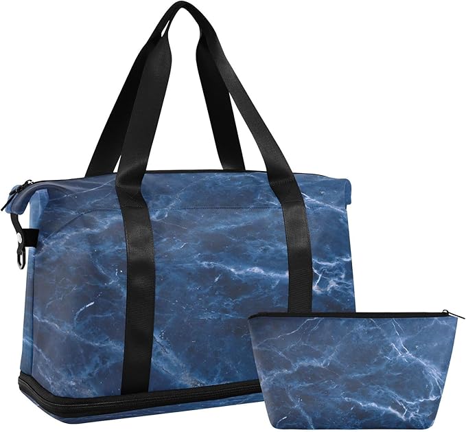 Travel Duffel Bags for Women Blue Marble Print Sports Duffel Bags Gym Bags with Shoes Compartment Tote Bag Weekender Bag for Travelling