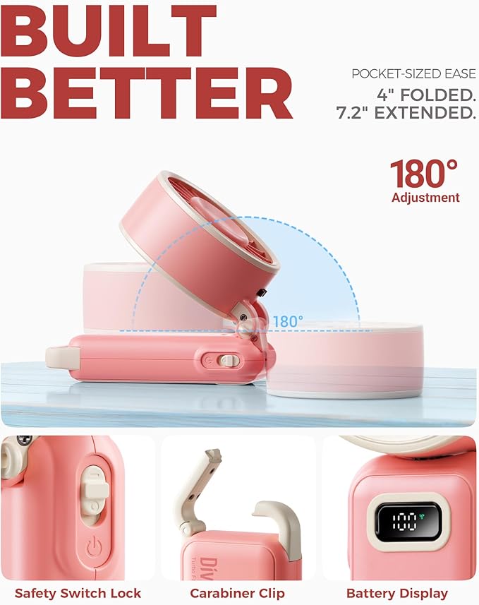 Diveblues Portable Turbo Fan, 7.4m/s High Speed Handheld Fan, 180° Foldable 4-in-1 Personal Neck Fan with Carabiner Clip, 100 Speed Stepless Control, USB-C Rechargeable for Travel, Makeup Hot Flashes