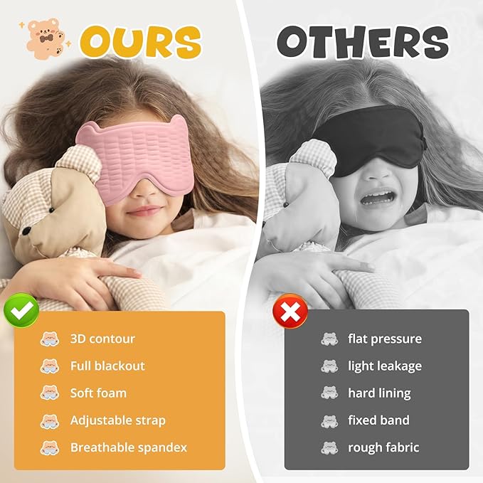 3D Kids Sleep Mask – Cute Bear Eye Mask for Sleeping, Comfortable Memory Foam Sleep Mask for Kids, Adjustable Strap and Lightweight Sleeping Mask for Boys Girls Teens Ages 5-15 (Pink)