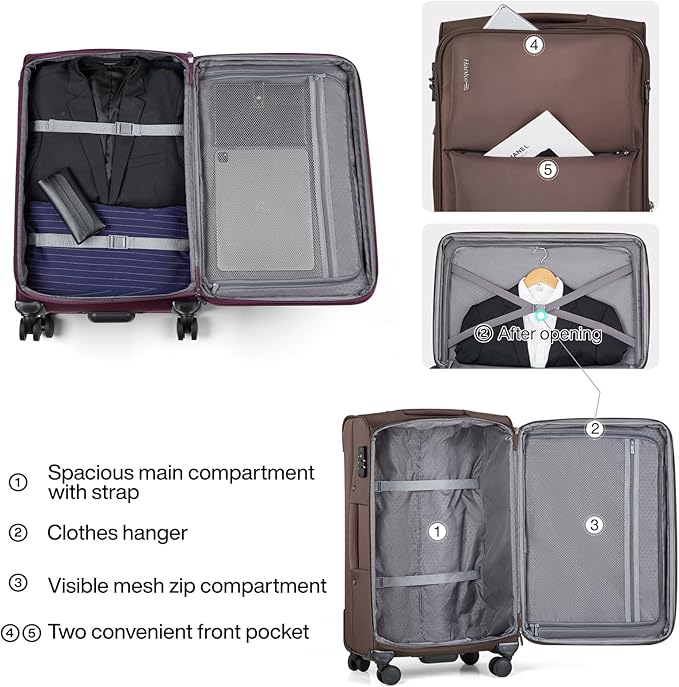 Hanke 3 Piece Luggage Sets Softside Expandable Carry On Luggage Set Travel Suitcase Sets with Spinner Wheels TSA Approved Luggage(Coffee, 20in/24in/28in)