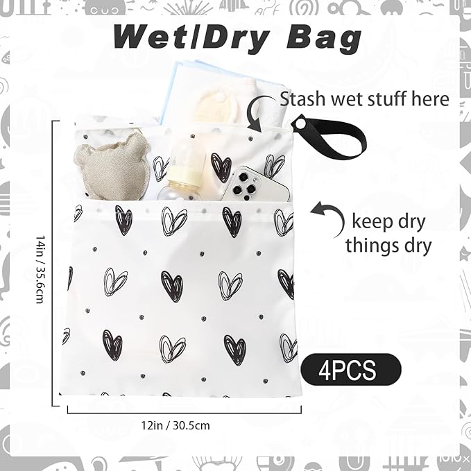 Frienda 4 Pieces Wet Dry Bag for Baby Waterproof Reusable Washable Diaper Bag Sealed with Handle for Travel, Beach, Swimsuit, Diapers, Dirty Gym Clothes and Toiletries (Heart)