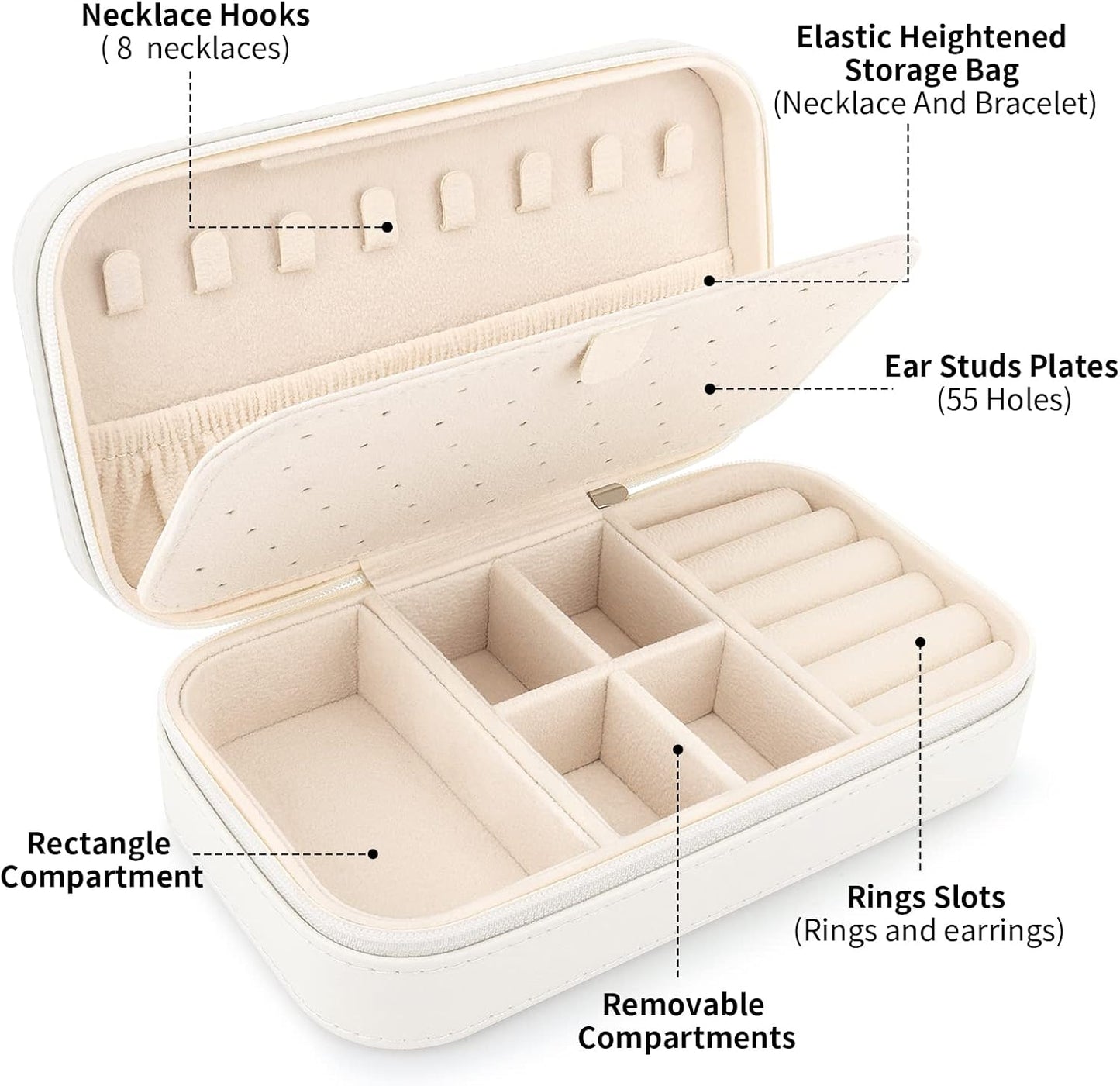 DesignSter Travel Jewelry Box, PU Leather Portable Jewelry Case, Small Jewelry Boxes for Gifts, Travel Jewelry Organizer for Women Rings Earrings Necklaces Bracelets (Beige)