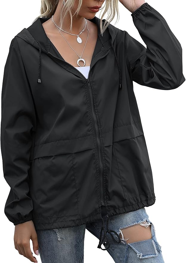 Women's Raincoats Lightweight Waterproof Windproof Adjustable Windbreaker Rain Jackets Hooded with Pockets S-XXL