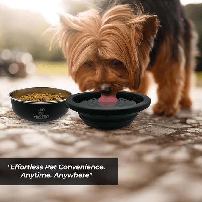 Vebs Pets- Stainless Steel Dog Bowl 30 oz, W/Collapsible Bowl Lid 20 oz W/Handle, Leak Proof, Non Slip, Food & Water Pet Bowls for Dogs & Cats, Medium Dogs, Portable Travel Dog (Black)