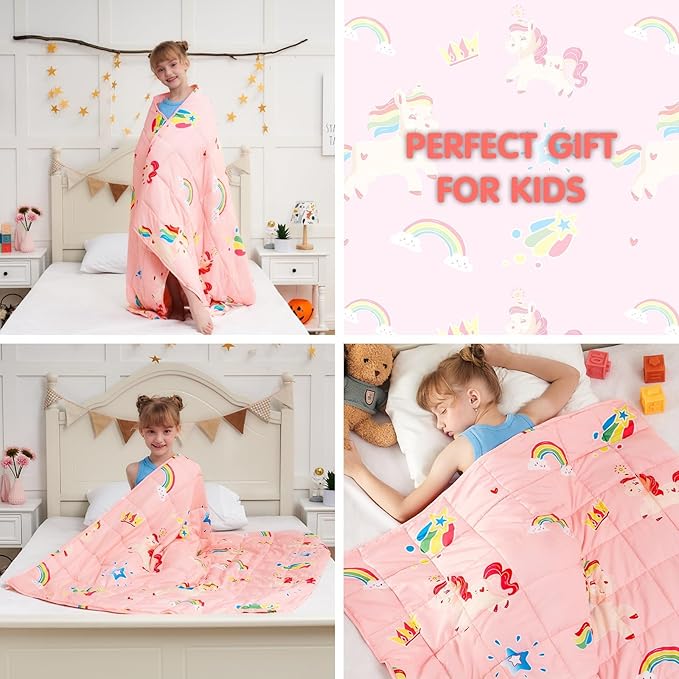 yescool Unicorn Weighted Blanket 7 Pounds Cooling Weighted Lap Blanket, Pink Rainbow Heavy Blanket, Breathable Weighted Throw Blanket Gifts for 60-80lbs, 40"x60"