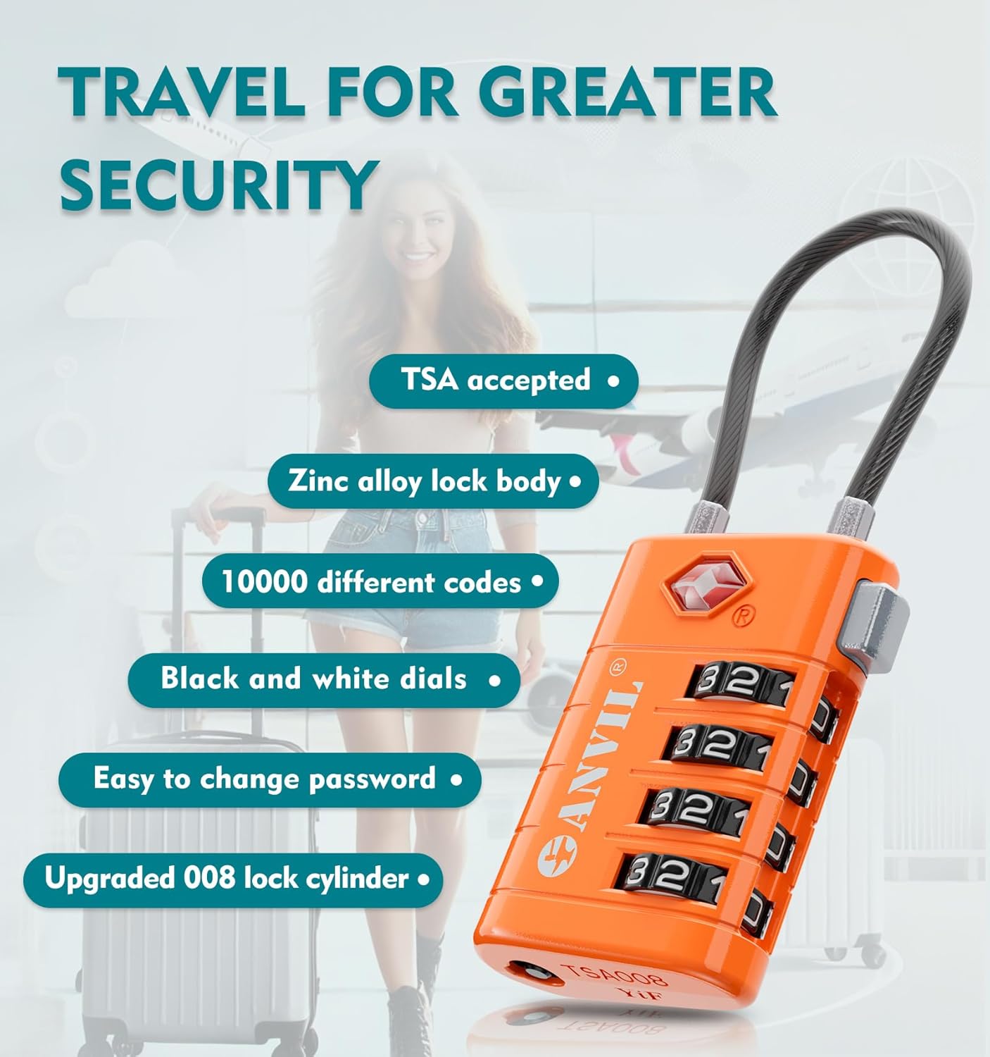 ANVIL 4 Digit Luggage Locks, TSA Locks for Luggage, Advanced TSA008 core, Alert Indicator for Your Travel Lock, Suitcase Lock. (2, Orange)