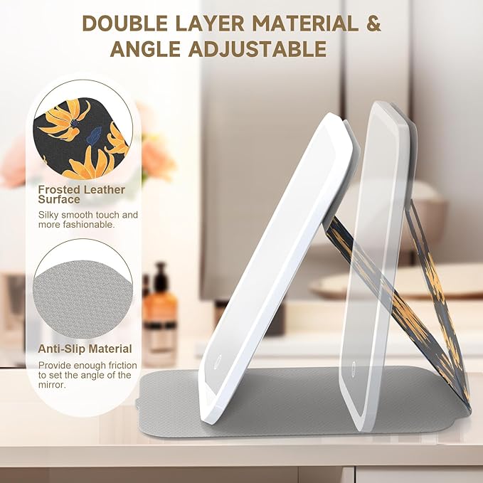 Mocado Travel Makeup Mirro with Lights, 360° Rotation Lighted Makeup Mirror, Portable Mirror with 10x Magnification, 60LEDs 3 Color Lightings, Dimmable Touch Screen, Tabletop Light up(Daisy)