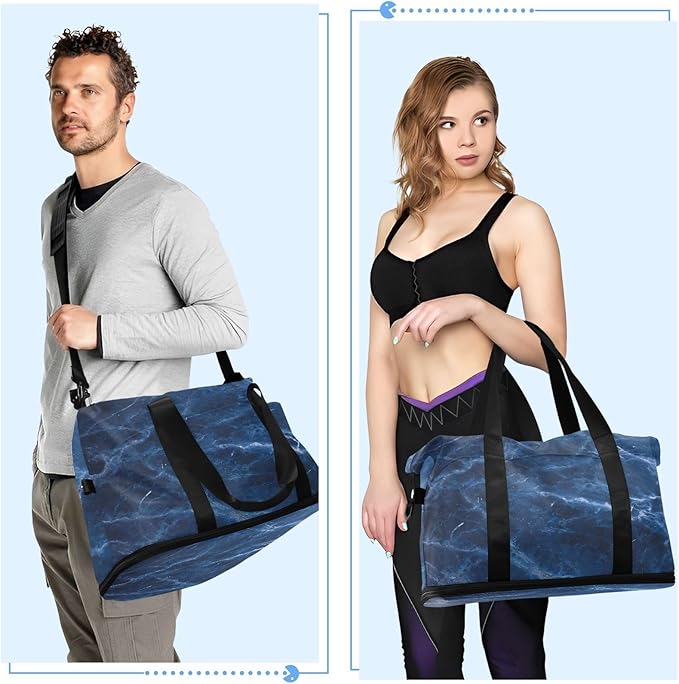 Travel Duffel Bags for Women Blue Marble Print Sports Duffel Bags Gym Bags with Shoes Compartment Tote Bag Weekender Bag for Travelling
