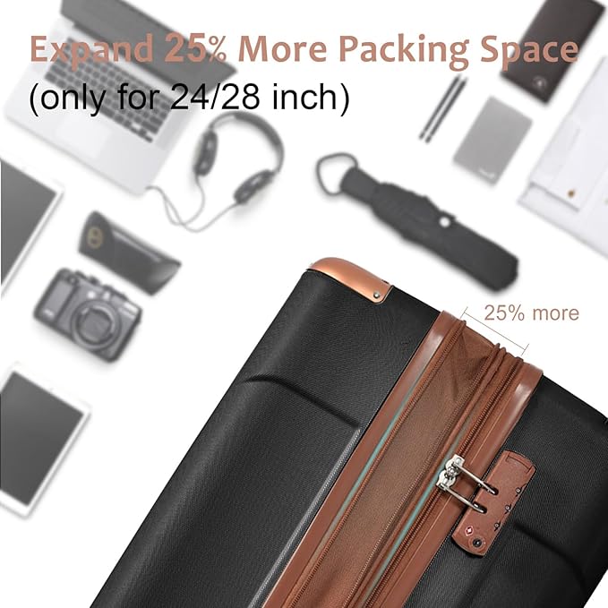 24 Inch Hardshell Luggage Lightweight Checked Luggage, Black Brown Hardside ABS Suitcases with Double Wheels and TSA Lock, Medium Expandable 24-inch Carry on Luggages for Travel, Men, Women