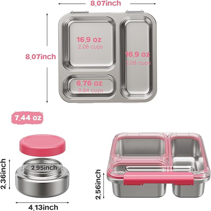 Stainless Steel Bento Box Kids Adult with 7oz Insulated Food Jar, Transparent Lid Metal Lunch Box With Soup Thermal Jar, Lunch Box Container with Removable Divider & Sauce Cup School (Pink)