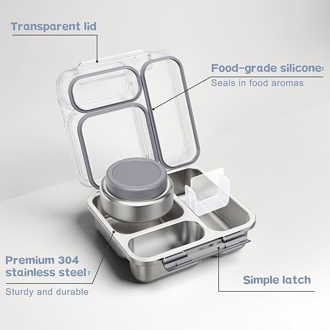 Stainless Steel Bento Box Kids Adult with 7oz Insulated Food Jar, Transparent Lid Metal Lunch Box With Soup Thermal Jar, Lunch Box Container with Removable Divider & Sauce Cup School (Grey)