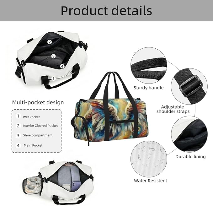 Abstract Angel Wings Print Gym Bag with Shoe Compartment for Women Men, 17.7in Sports Duffle Weekender Tote, Overnight Travel Duffel Bag Carry On