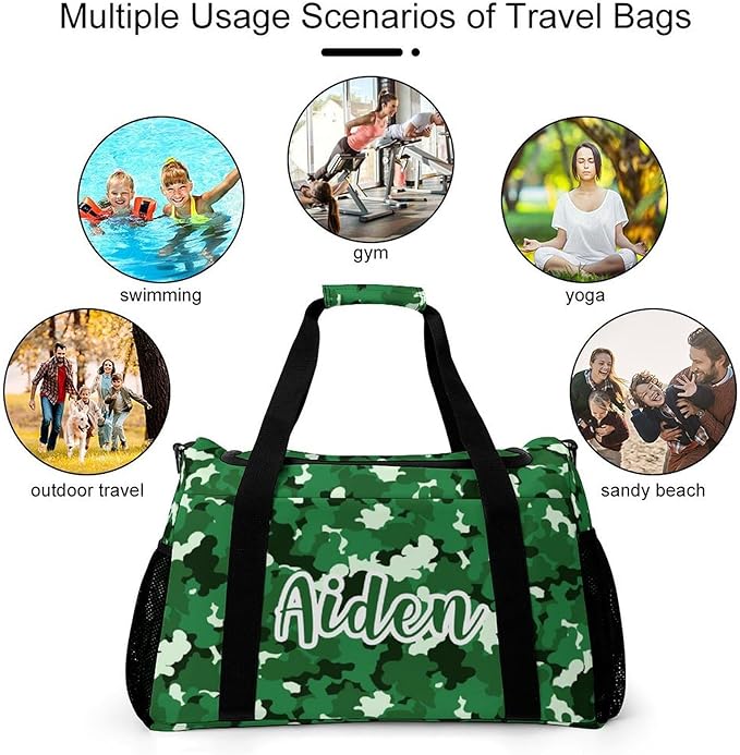 Camouflage Camo Green Pattern Duffle Bag for Men Women, Personalized Custom Name Text Crossbody Bags, Travel Sport Gym Perform Training Gym Bag