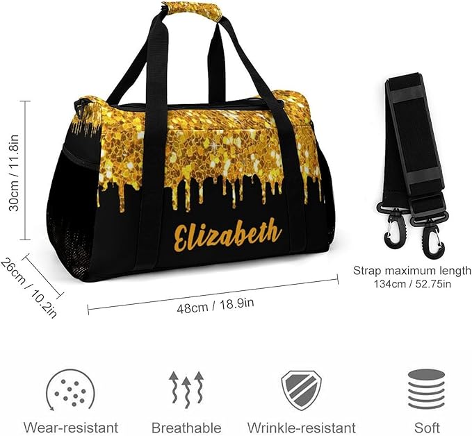 Golden Yellow Sequin Glitter Print Crossbody Bag Customized Duffel Bags (Store Shoes) Weekender Overnight Bag Travel Bag Personalized Gift Gym Bags