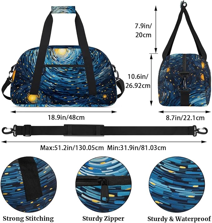 Starry Night Gym Travel Duffle Bag for Women & Men with Front Zipper Pocket for Sports, Overnight, Weekender, Carry On,Workout & Dance Bag,Stars Sky,18.9 * 8.7 * 10.6 in
