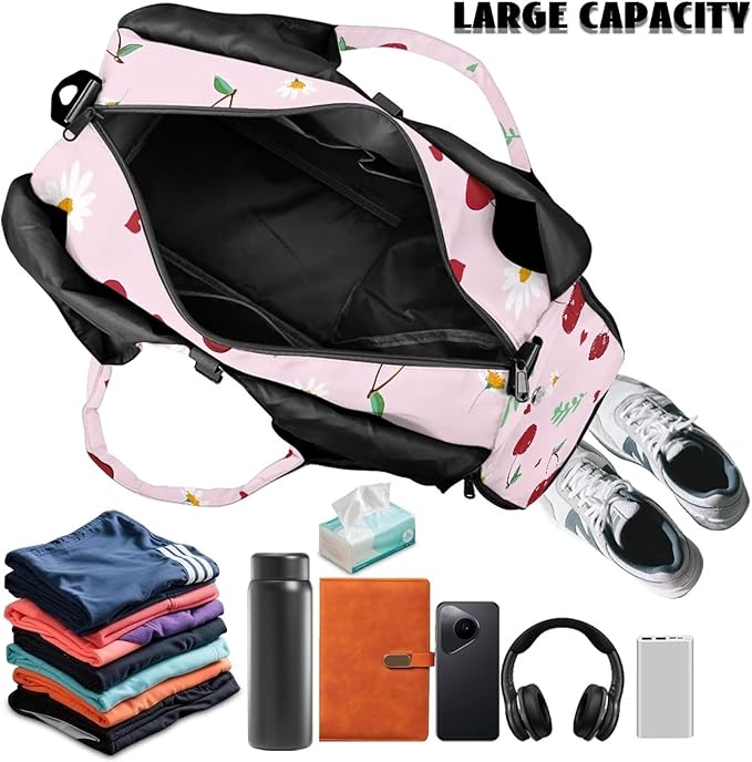 Pink Cherry Print Gym Bag with Yoga Mat Strap and Shoe Compartment, Portable Lightweight Gym Bag with Wet Pocket Water Resistant Gym Duffel for Swimming