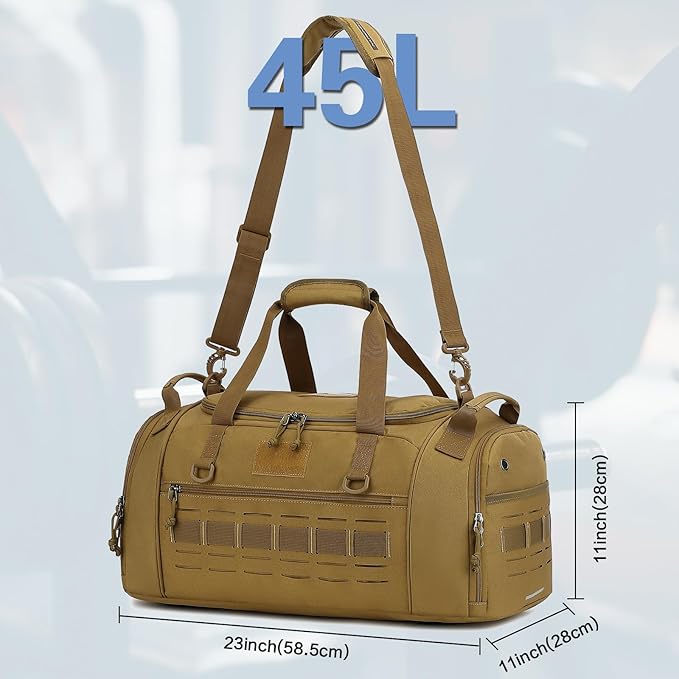 Gym Bag for Men Women 45L Sports Duffle Bag for Travel Tactical Military Duffel Bag with Shoe & Laptop Compartment Lightweight Medium Weekender Travel Bags for Fitness Training Workout, Brown