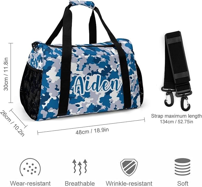 Blue Grey Camouflage Camo Pattern Shoe Bag Waterproof Travel Bag Duffel Bag Adjustable Shoulder Strap Perform Training for Women Men Casual Bag