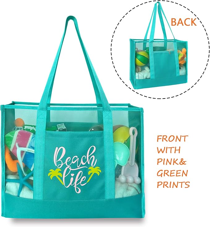 Reusable Large Beach Bags With 2 Pockets & Zipper, Lightweight Beach Tote for Poolside, Trip/swim
