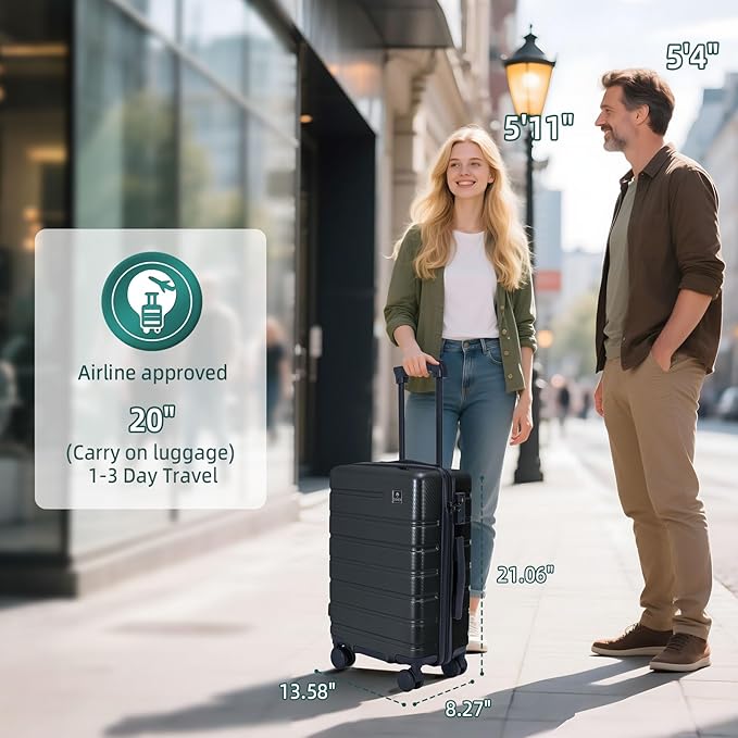 Carry on Luggage, PC Hard Shell Suitcase 22x14x9 Airline Approved TSA Lock YKK Zippered Double Spinner Wheels Lightweight Suitable for Men and Women, 20 Inch Dark Gray