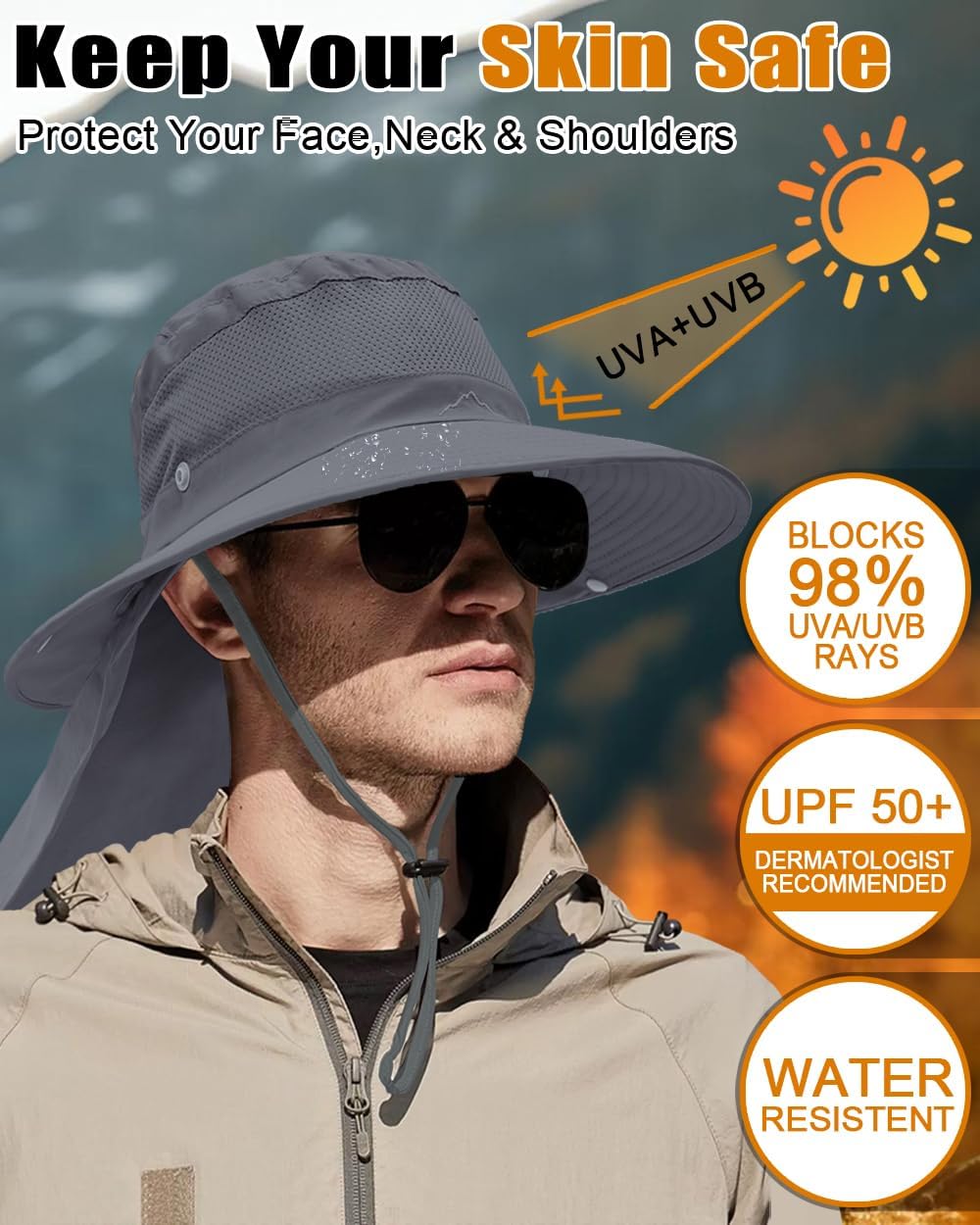Outdoor Sun Hats with Stowable Neck Flap for Men Women UPF 50+ Mesh Summer Bucket Hat Wide Brim for Fishing Safari Hiking