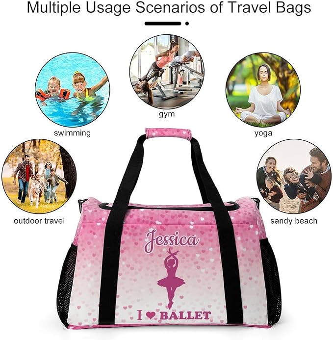 Pink Love Ballet Glitter Ombre Print Personalized Travel Bag with Name Lightweight Luggage Duffle Water-Resistant Gym Bag with Adjustable Strap for Men & Women