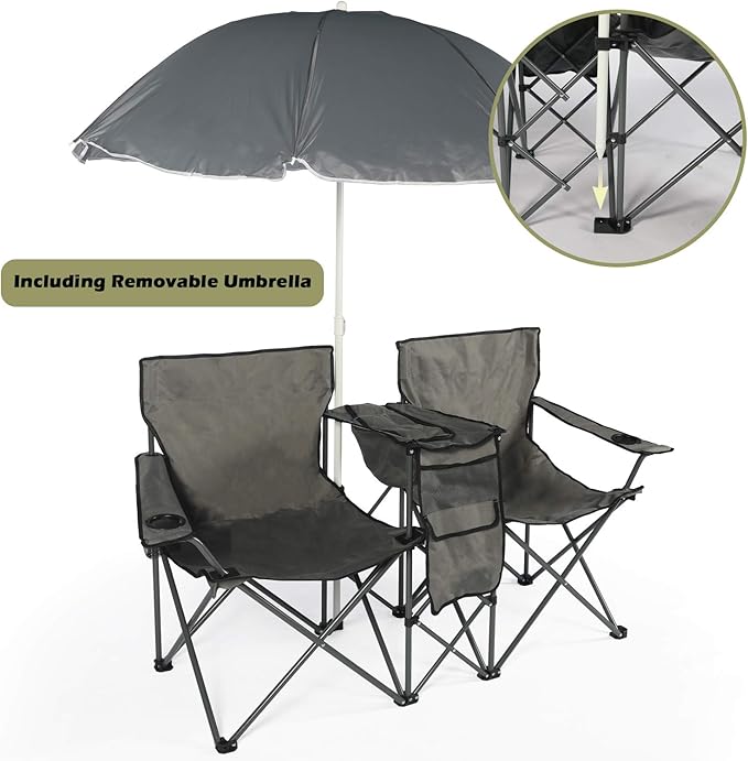 LAZZO Double Folding Camping Chairs, Portable Picnic Camping Chairs w/Umbrella Mini Beverage Holder Carrying Cooler Bag, Outdoor Picnic Double Folding loveseat Camp Chairs for Beach Patio Pool Park