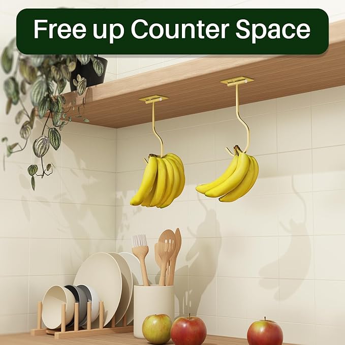 Adhesive Banana Hook Under Cabinet: 2-Pack Foldable Metal Banana Hanger, Space-Saving Under Counter Banana Holder for Kitchen & RV, Gold