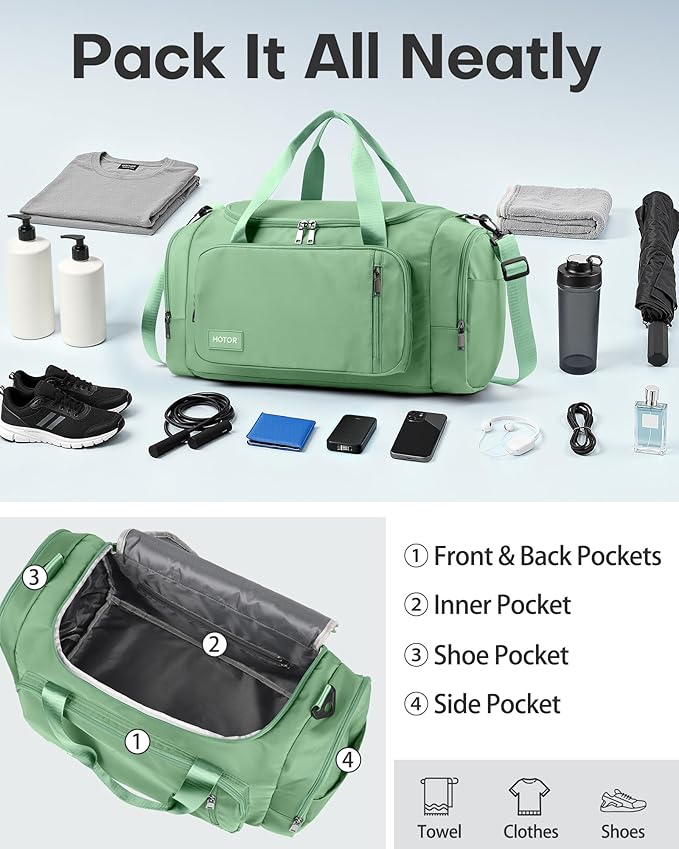 HOTOR Gym Bags for Men & Women - Spacious Duffle Bag with Shoe Compartment & Wet Pocket, Carry On Weekender Bag Portable Sports Duffel Bag for Workout, Fitness, Travel, Green, 20.5" x 11.0" x 10.6"