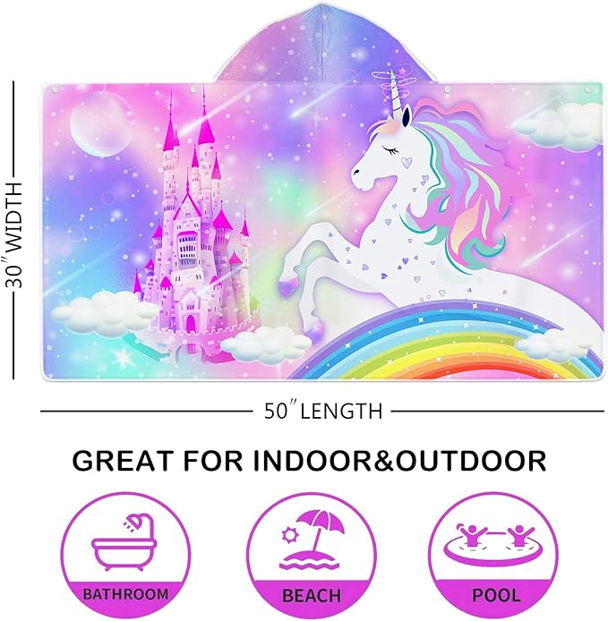 Bonsai Tree Unicorn Hooded Beach Towel for Kids, Cute Rainbow Bath Towel with Hood for Girls, Pink Magic Castle Microfiber Super Absorbent Soft Poncho Bathrobe for Swin Pool 30”x50”