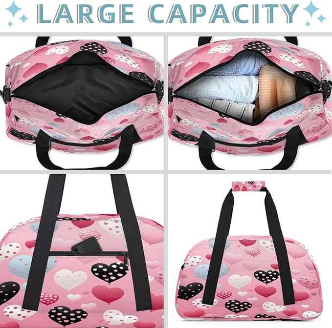 Pink Heart Balloon Print Sports Duffel Bags, Water-Resistant Gym Duffle Bag for Men Women, Lightweight Weekender Overnight Bag for Fitness, Workout, Travel