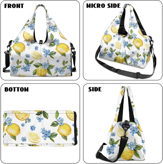 Gym Bag Women Lemon Duffel Bag with Wet Pocket, Shoes Compartment, Double Zipper, Small Duffle Bag Lightweight Breathable Waterproof Overnight Bag