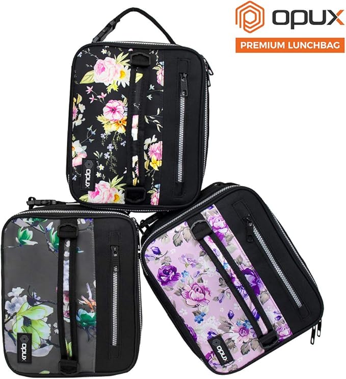 opux Premium Insulated Lunch Box for Men, Women | School Lunch Bag for Girls Kids | Compact Adult Lunch Pail Work Office Cooler | Soft, Leakproof, 4 Ways to Carry | Fits 12 Cans (Black Floral)
