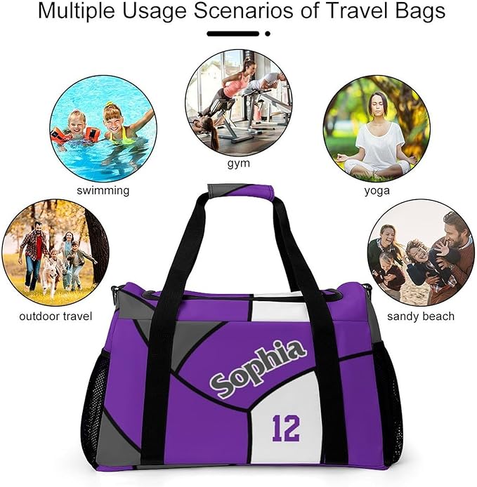 Custom Volleyball Purple Duffel Bag with Name Personalized Travel Bags Sport Gym Bag Carry On Weekender Bags for Men Women