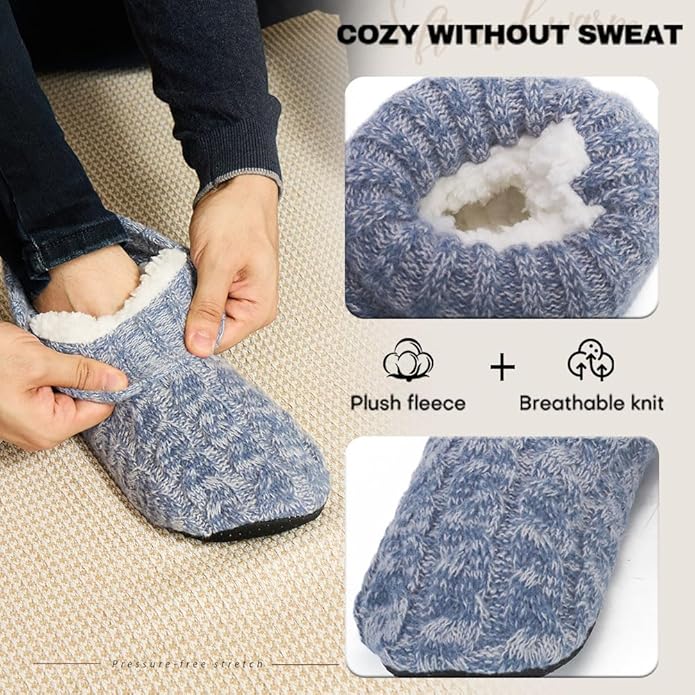LEMZONE Mens Fuzzy Slipper Socks with Grippers, Winter Warm Sherpa Lined Indoor House Shoes Christmas Gifts for Dad Husband Boyfriend