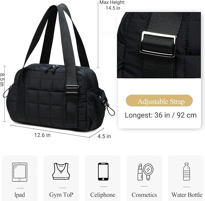 CAMTOP Mini Gym Bag for Women, Small Gym Tote Bag Puffy Quilted Sports Duffel Bag with Wet Compartment and Coin Purse Duffel Bags Dance Yoga Workout Bag for Gifts (All Black, Mini-12.6")