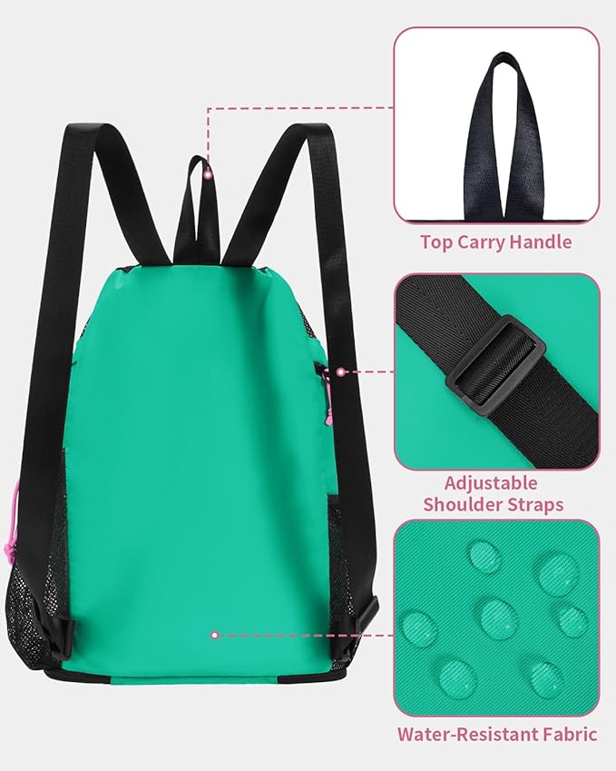 WANDF Swim Bag with Wet Pockets, Sandproof Beach Backpack with 40oz Tumbler Side Pockets, Mesh Drawstring Backpack Swim Bag for Swimming, Pool, Gym and Workout Gear (Green)
