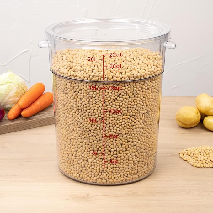 Restaurantware Met Lux 22 Quart Food Storage Container, 1 Round Commercial Storage Container - Lid Sold Separately, With Volume Markers, Clear Plastic Food Prep Bucket, Space-Saving Storage