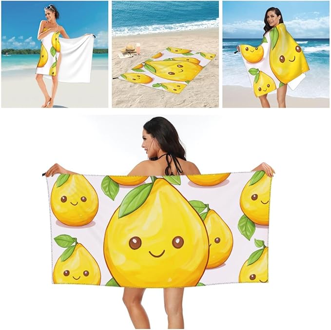 Beach Towel Sand Free Quick Dry Towel Microfiber Oversized Yellow Lemon Travel Towel 27.5""X55"" Absorbent Bath Towel Compact Towel Blanket for Women Men Camping Swim Sports, White