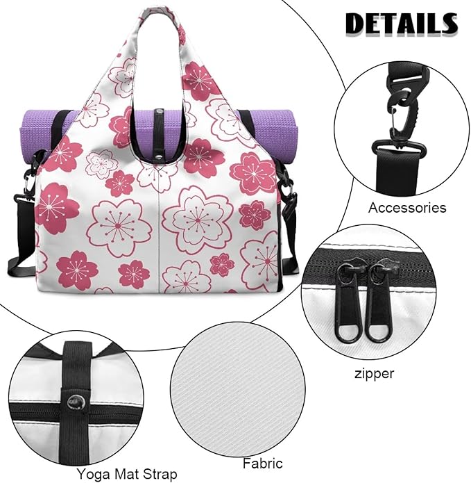 Pink Floral Workout Bag for Women with Yoga Mat Holder and Shoe Compartment Flower Gym Bag Water Resistant Gym Duffel for Swimming, Stylish Fitness Duffel Bag