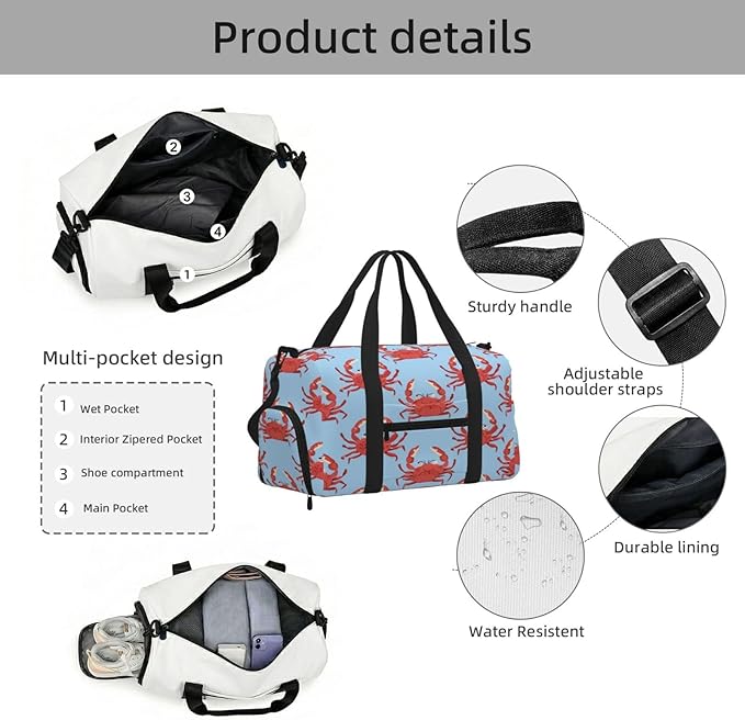 Sports Gym Bag Ocean Animal Red Crabs Travel Duffel Bag With Shoe Compartment Shoulder Strap, Lightweight Water-Resistant Weekend Overnight Totes For Women Men