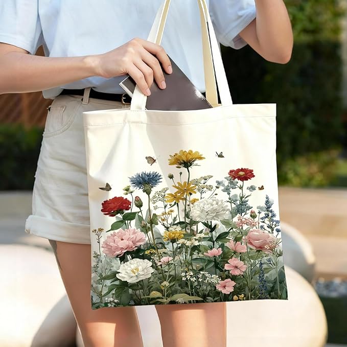 Canvas Tote Bag for Women, Vintage Print Handbag, Aesthetic Shopping Bag for Work Travel Beach, Everyday Shoulder Tote