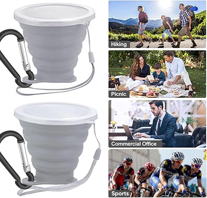 Collapsible Silicone Folding Drinking Cup - Reusable Portable Mug for Travel, Camping, Hiking, Survival, Car, Picnic, Beach, Holiday, Outdoor Sports - Grey