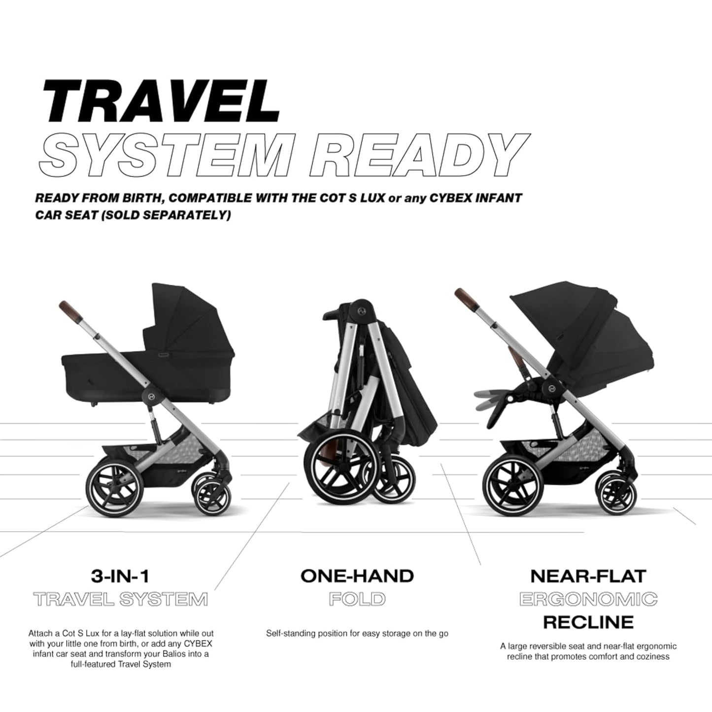 Cybex Balios S Lux Toddler and Baby Stroller with Reversible Seat, Unique One-Pull Harness, and Multiple Recline - Travel System Ready, with One Hand Fold, Silver Frame/Moon Black Seat